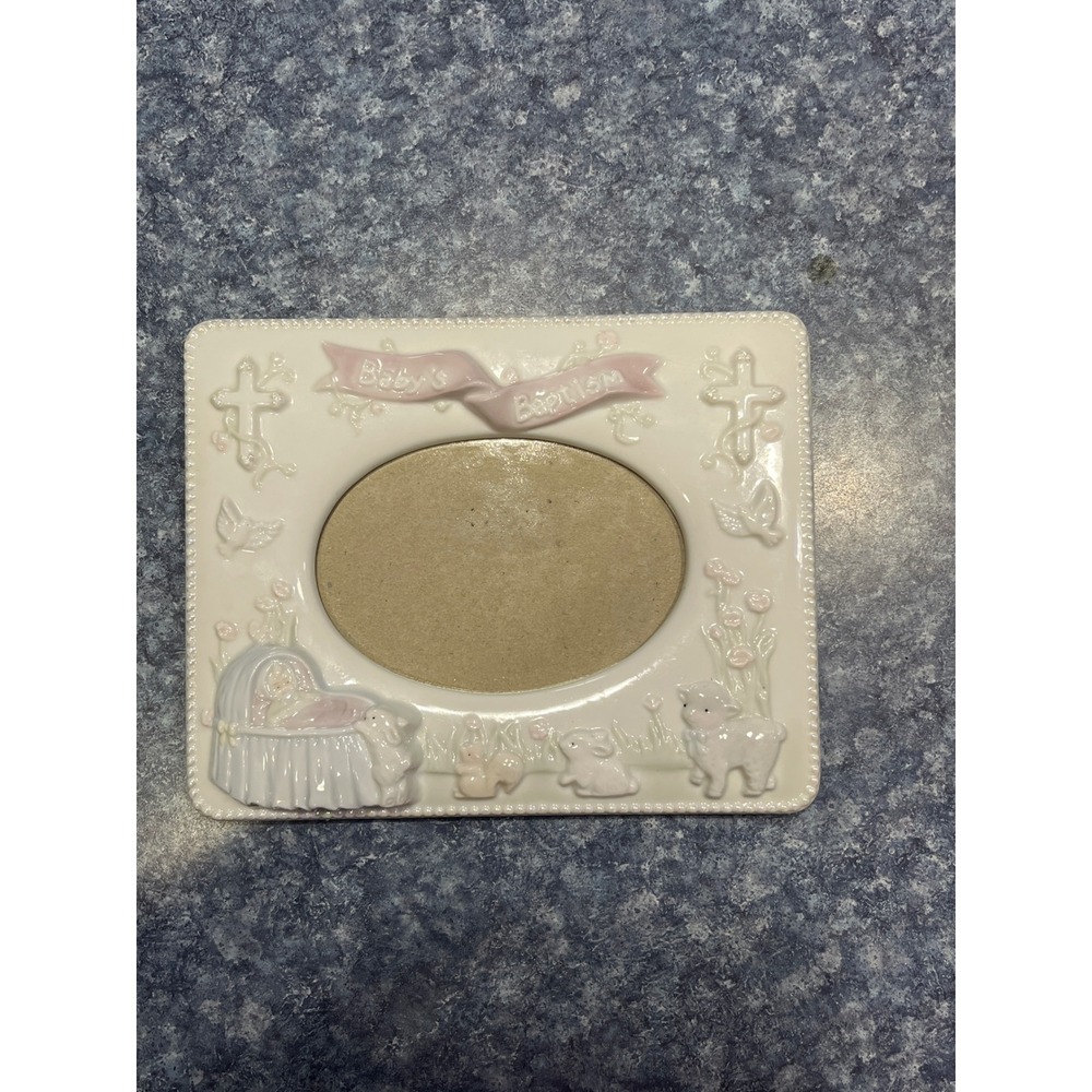 Russ Berrie Babys Baptism Ceramic Picture Frame White Pink Cross Lamb 15123